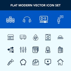 Modern, simple vector icon set with library, laundry, book, shop, road, communication, sunrise, storage, forest, button, video, white, transport, environment, chat, sun, landscape, storehouse icons