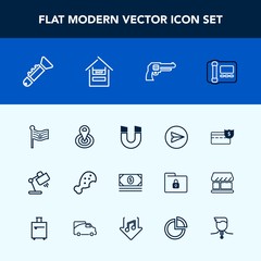 Modern, simple vector icon set with flag, supermarket, cycle, musical, technology, coin, home, lamp, money, handgun, interior, stationary, america, nation, phone, trumpet, pole, field, food, web icons