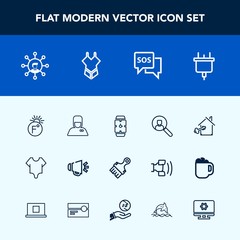 Modern, simple vector icon set with power, estate, hospitality, danger, thermometer, communication, display, fahrenheit, internet, safety, screen, loudspeaker, emergency, minute, cute, bodysuit icons