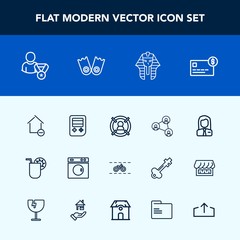 Modern, simple vector icon set with job, removal, credit, cycle, glass, technology, laundry, home, drink, people, customer, bank, washer, equipment, bicycle, transportation, employer, arrow, web icons