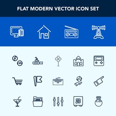 Modern, simple vector icon set with building, laptop, money, button, cash, tower, marine, radio, record, communication, castle, keyboard, flag, audio, cooler, currency, web, sound, sea, computer icons