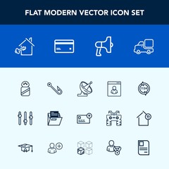 Modern, simple vector icon set with loud, profile, finance, salt, key, transportation, megaphone, house, file, fish, office, support, male, food, satellite, fishing, help, currency, speaker, rod icons