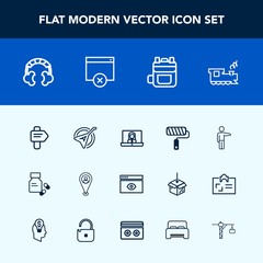 Modern, simple vector icon set with transport, hand, roll, white, window, railway, bag, video, arrow, rucksack, leather, pin, pointing, paint, instrument, communication, audio, headset, web, way icons
