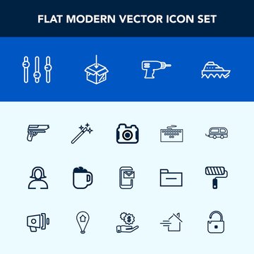 Modern, simple vector icon set with email, photography, drill, photo, face, hand, boat, sea, weapon, bus, drink, keyboard, cup, transport, woman, vehicle, wizard, mail, mug, young, lady, work icons