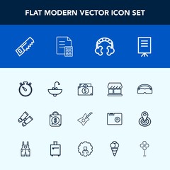 Modern, simple vector icon set with construction, vision, meeting, sale, technology, air, bag, time, clock, banking, faucet, finance, curtain, people, music, cooler, financial, tag, glasses, saw icons