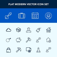 Modern, simple vector icon set with cloud, engineer, cardboard, weapon, tool, person, screwdriver, architecture, unpacking, builder, house, label, key, old, building, bomb, calendar, box, bank icons