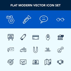 Modern, simple vector icon set with lorry, banking, perfume, concept, truck, debit, eyeglasses, eyesight, speaker, message, beauty, pump, go, optical, speech, transport, bottle, card, bank, pole icons