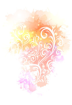 Vintage tracery on watercolor background with splashes and sprays. Vector element for your creativity.