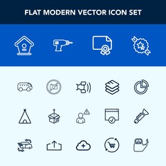 Modern, simple vector icon set with mobile, diploma, cell, unpacking, house, wooden, decorative, sign, telephone, cardboard, box, award, online, left, information, graph, adventure, tent, frame icons