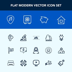 Modern, simple vector icon set with landscape, lady, biology, house, young, forest, fashion, wheel, face, bicycle, cycle, swimsuit, laboratory, finance, white, research, flag, national, bank icons