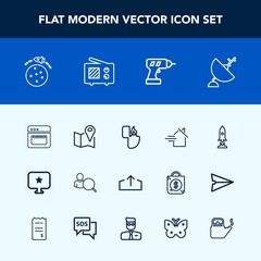 Modern, simple vector icon set with signal, antenna, kitchen, download, food, lighter, location, object, drill, estate, wireless, online, road, dish, kettle, work, spaceship, computer, machine icons