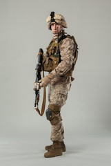 Soldier in camouflage holding rifle