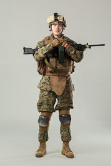 Soldier in camouflage holding rifle