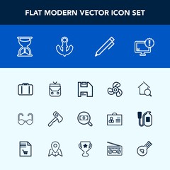 Modern, simple vector icon set with glasses, electric, estate, web, online, fan, leather, construction, cool, bag, computer, sun, pencil, education, monitor, time, concept, hammer, hand, luggage icons