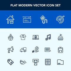 Modern, simple vector icon set with vessel, vehicle, lunch, boat, transportation, bread, money, house, video, string, instrument, music, print, musical, food, speaker, sky, fun, investment, kite icons
