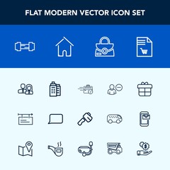 Modern, simple vector icon set with gift, style, fitness, house, screwdriver, real, box, staff, speech, user, exercise, sport, market, gym, shopping, construction, office, leather, late, account icons