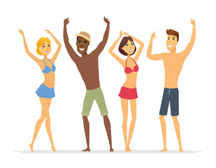 Happy friends on the beach - cartoon people character illustration