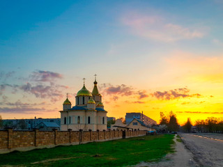 Kovel, Ukraine - April 14, 2018: Church of Resurrection and spectacular spring sunset sky
