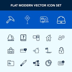 Modern, simple vector icon set with retro, castle, old, landscape, traffic, tower, bank, business, sign, head, forest, paper, movie, rent, tripod, hat, video, coin, nature, cash, transportation icons
