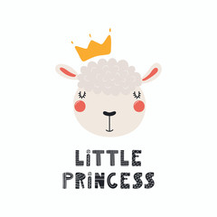 Hand drawn vector illustration of a cute funny sheep face in a crown, with lettering quote Little princess. Isolated objects. Scandinavian style flat design. Concept for children print.