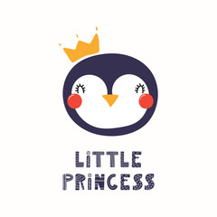Hand drawn vector illustration of a cute funny penguin face in a crown, with lettering quote Little princess. Isolated objects. Scandinavian style flat design. Concept for children print.