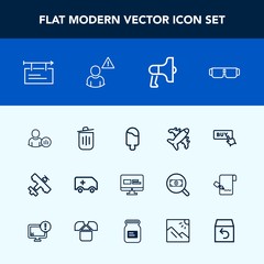 Modern, simple vector icon set with food, garbage, status, announcement, sign, speaker, medical, can, sweet, network, billboard, glasses, aircraft, alarm, ice, sun, ambulance, social, banner icons