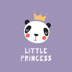 Hand drawn vector illustration of a cute funny panda face in a crown, with lettering quote Little princess. Isolated objects. Scandinavian style flat design. Concept for children print.