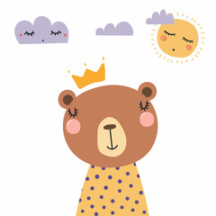 Hand drawn vector illustration of a cute funny bear in a shirt and crown, with sun and clouds. Isolated objects. Scandinavian style flat design. Concept for children print.