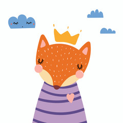 Hand drawn vector illustration of a cute funny fox in a shirt and crown, with clouds. Isolated objects. Scandinavian style flat design. Concept for children print.