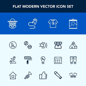 Modern, simple vector icon set with business, tool, circle, print, phone, tshirt, money, construction, call, roll, currency, flipper, mobile, sport, finance, telephone, baseball, cash, bat, home icons