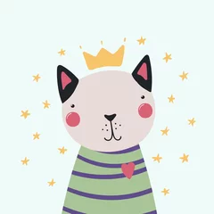Foto auf Glas Handgezeichnete Vektorgrafik einer niedlichen lustigen Katze in einem Hemd und einer Krone, mit Sternen. Isolierte Objekte. Flaches Design im skandinavischen Stil. Konzept für Kinderdruck. © Maria Skrigan