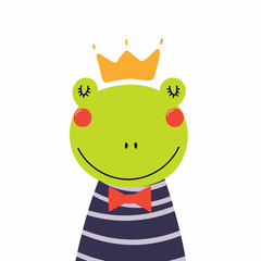 Hand drawn vector illustration of a cute funny frog prince in a shirt and crown. Isolated objects. Scandinavian style flat design. Concept for children print.