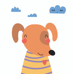 Hand drawn vector illustration of a cute funnny dog in a shirt, with clouds. Isolated objects. Scandinavian style flat design. Concept for children print.