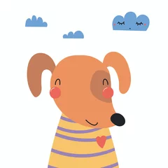 Zelfklevend Fotobehang Hand drawn vector illustration of a cute funnny dog in a shirt, with clouds. Isolated objects. Scandinavian style flat design. Concept for children print. © Maria Skrigan