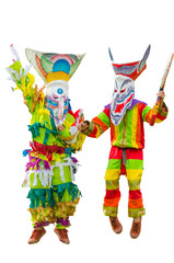 Ghost mask and costume colorful Phi Ta Khon festival Young people dress in spirit and wear a mask, sing and dance at Dansai, Loei, Thailand. isolated with clipping patch