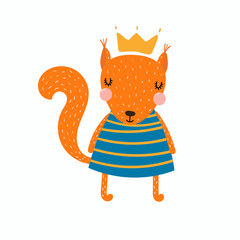 Hand drawn vector illustration of a cute funny squirrel girl in a dress and crown. Isolated objects. Scandinavian style flat design. Concept for children print.