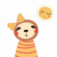Hand drawn vector illustration of a cute funny sloth girl in a shirt, with a ribbon, with sun. Isolated objects. Scandinavian style flat design. Concept for children print.
