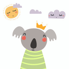 Hand drawn vector illustration of a cute funny koala in a shirt and crown, with sun and clouds. Isolated objects. Scandinavian style flat design. Concept for children print.
