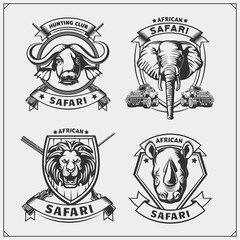 Set of african animals emblems. Lion, elephant, rhino and buffalo.
