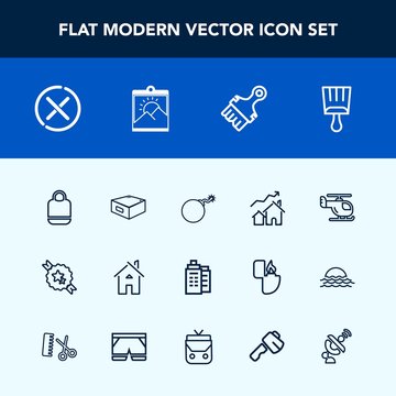 Modern, simple vector icon set with white, technology, blank, space, ribbon, brush, weapon, stop, paintbrush, sign, sky, bomb, transportation, house, property, fashion, , building, global, photo icons