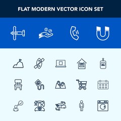 Modern, simple vector icon set with pole, tv, water, control, web, canoe, chair, cart, pin, field, map, oar, television, home, magnetic, customer, remote, profile, plane, sky, supermarket, blue icons