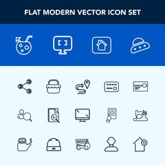 Modern, simple vector icon set with bank, online, account, route, picnic, house, balance, juice, display, digital, internet, summer, cocktail, sign, tool, card, stereo, monitor, space, ship, map icons