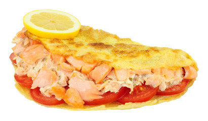 Salmon and cream cheese filled omelette isolated on a white background