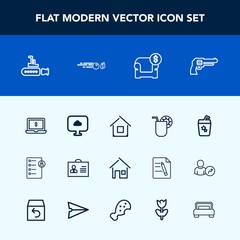 Modern, simple vector icon set with computer, revolver, gun, checklist, modern, hit, cloud, hobby, summer, boat, notebook, drink, glass, home, human, profile, cocktail, screen, ball, weapon, job icons