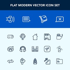 Modern, simple vector icon set with play, office, estate, baggage, kettle, world, map, mobile, audio, file, highway, headset, globe, computer, bus, water, closed, global, airport, chat, bubble icons
