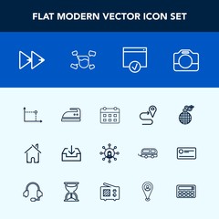 Modern, simple vector icon set with estate, player, display, audio, page, ironing, schedule, housework, geometry, house, clothes, web, location, equipment, technology, rewind, download, power icons