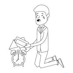 businessman sad with alarm clock and envelope vector illustration design