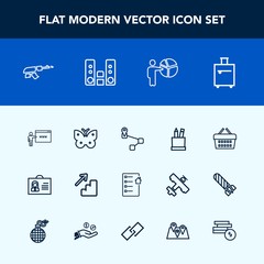 Modern, simple vector icon set with machine, internet, butterfly, navigation, profile, woman, fly, weapon, box, education, location, house, presentation, document, luggage, suitcase, wing, gun icons