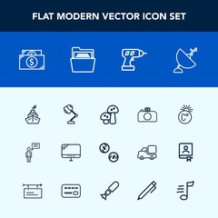 Modern, simple vector icon set with musical, equipment, temperature, satellite, office, edible, communication, blank, food, , finance, thermometer, lamp, melody, dish, fahrenheit, interior, pc icons