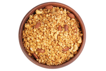 Bowl of whole grain muesli isolated on white background